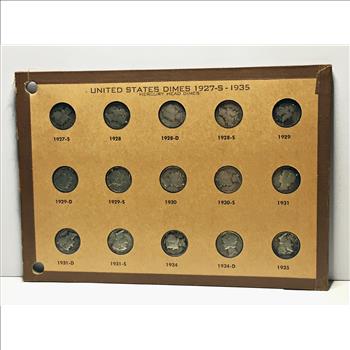 Lot of 15 Silver Mercury Head Dimes*Various Dates 1927-S -1935*Various Grades*In Protective Cardboard Page