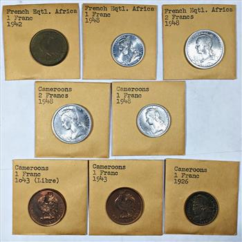 Lot of Eight (8) Cameroons & French Eqtl. Africa Coins*1926 and Mid 1940's
