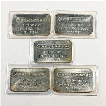 Lot of Five 1 Troy Ounce .999 Fine Silver Numbered Engelhard Bars*Total of 5 Troy Ounces*All in Original Packets