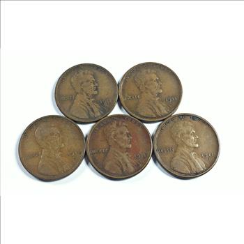 Lot of Five 1911-S Lincoln Head Wheat Cents
