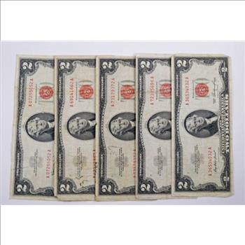 Lot of Five $2 Series 1953 & 1963 Red Seal United States Notes ...