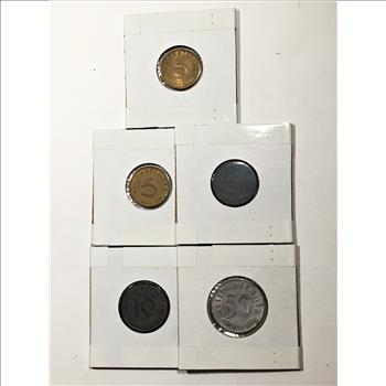 Lot of Five (5) Germany (Third Reich) Coins: 1930's & 1940's 10, 50 and 5 Reichspfennig