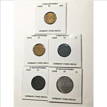 Lot of Five (5) Germany (Third Reich) Coins: 1930's & 1940's 10, 50 and 5 Reichspfennig