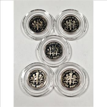 Lot of Five (5) Proof Roosevelt Dimes in Capsules and Gift Box: Various Dates From 1968-S thru 2005-S