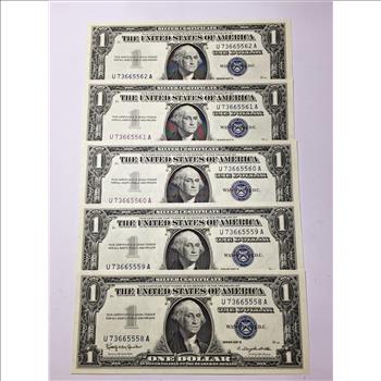 Lot of Five Series $1 1957B CONSECUTIVELY NUMBERED United States Silver Certificates*Crisp Uncirculated Notes!