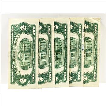 Lot of Five Series 1953 $2 United State Red Seal Notes*Circulated*Crisp Paper