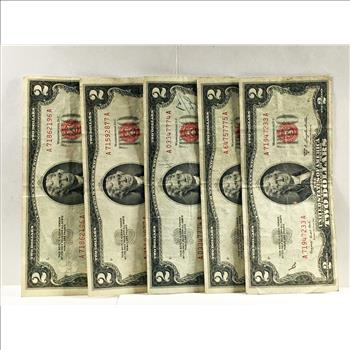 Lot of Five Series 1953 $2 United State Red Seal Notes*Circulated*Crisp Paper
