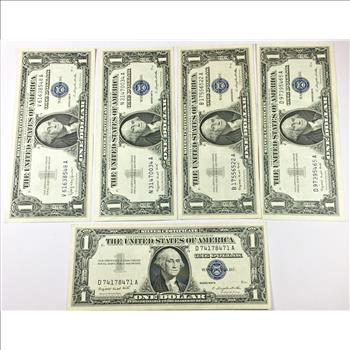 Lot of Five Series 1957 US Silver Certificate $1 Notes*Nice Crisp and Clean Paper*Very Gently Circulated
