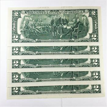 Lot of Five Series 2017A $2 Federal Reserve Notes; Boston*CONSECUTIVELY ...