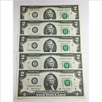 Lot of Five Series 2017A $2 Federal Reserve Notes in Numeric Order*Cleveland, OH*Crisp Uncirculated Notes