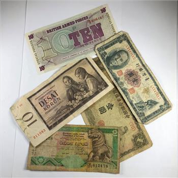 Lot of Five World Bank Notes: Chinese, British and Czechoslovakia*Circulated