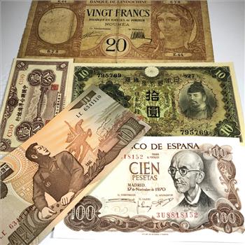Lot of Five World Bank Notes*French Indochina, Japan, Spain and more