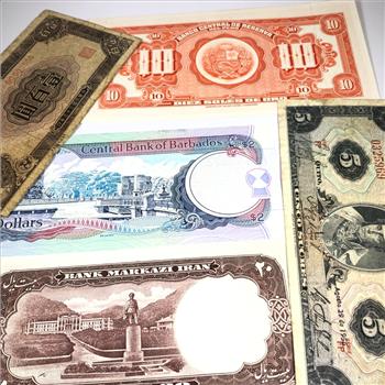 Lot of Five World Bank Notes*Iran, Barbados, Ecuador, Peru and More*Most are Crisp Uncirculated