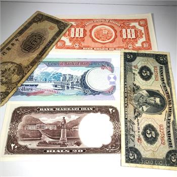 Lot of Five World Bank Notes*Iran, Barbados, Ecuador, Peru and More*Most are Crisp Uncirculated