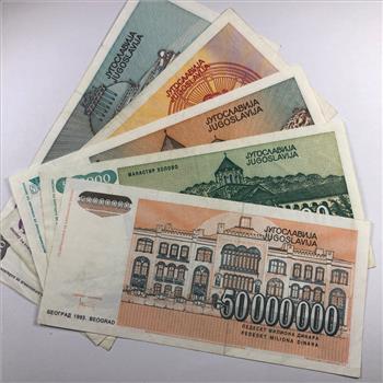 Lot of Five Yugoslavia Bank Notes: 5000000 Dinara, 50000 Dinara, 100000000 Dinara and 50000000 Dinara