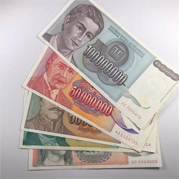 Lot of Five Yugoslavia Bank Notes: 5000000 Dinara, 50000 Dinara, 100000000 Dinara and 50000000 Dinara