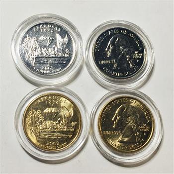 Lot of Four 2003-P & D Arkansas State Commemorative Quarters*Two Are 24K Gold Layered and Two Are Platinum Layered