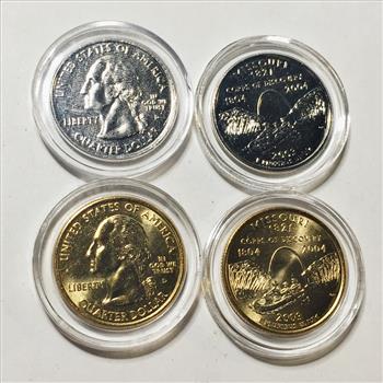 Lot of Four 2003-P & D Missouri State Commemorative Quarters*Two Are 24K Gold Layered and Two Are Platinum Layered