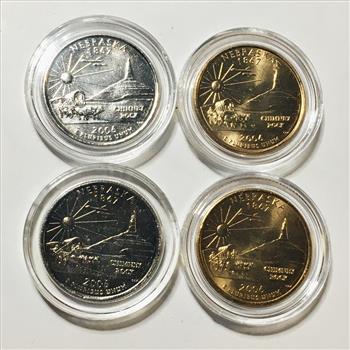 Lot of Four 2006-P & D Nebraska State Commemorative Quarters*Two Are 24K Gold Layered and Two Are Platinum Layered