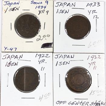 Lot of Four (4) Early 1900's Japanese 1 Sen Coins