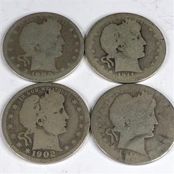 Lot of Four (4) Silver Barber Quarters: 1902, 1916-D, 1900 and 1911
