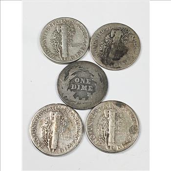 Lot of Four Mercury Head and One Barber Dime: 1927 & Three 1945's, 1901