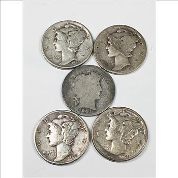 Lot of Four Mercury Head and One Barber Dime: 1927 & Three 1945's, 1901