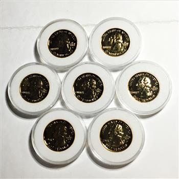 Lot of Seven 24K Gold Layered Commemorative State Quarters in Protective Capsules*1999's and 2000's*High Grade