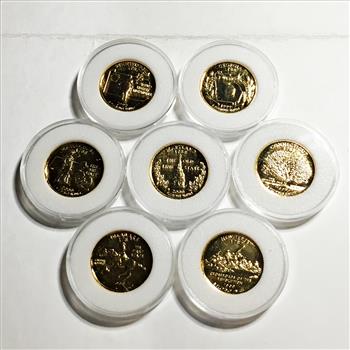 Lot of Seven 24K Gold Layered Commemorative State Quarters in Protective Capsules*1999's and 2000's*High Grade