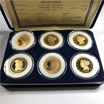 Lot of Six $5 Mint Mark Tribute Proof Coins*24K Gold Layered*In Velvet Gift Case*27mm Replicas