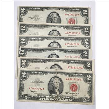 Lot of Six (6) 1953 and 1963 $2 United States Red Seal Notes*Circulated ...