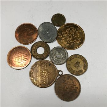 Lot of Ten Medallions/Tokens: State Commemorative Token, Toilet Token, Tithe Token and More