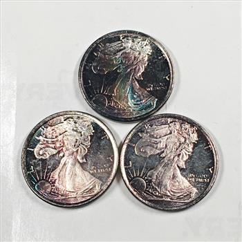 Lot of Three 1/10oz .999 Fine Silver Rounds*Rainbow Toning*Walking Liberty Design