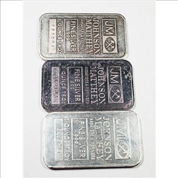 Lot of Three (3) 1 Troy Ounce Johnson Matthey .999 Silver Bars*Numbered*Total of Three Troy Ounces