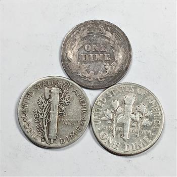 Lot of Three (3) Silver Dimes: 1899 Barber, 1943-D Mercury Head and 1963-D Roosevelt