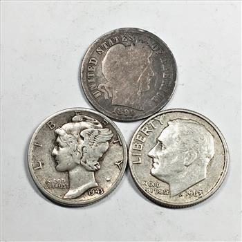 Lot of Three (3) Silver Dimes: 1899 Barber, 1943-D Mercury Head and 1963-D Roosevelt