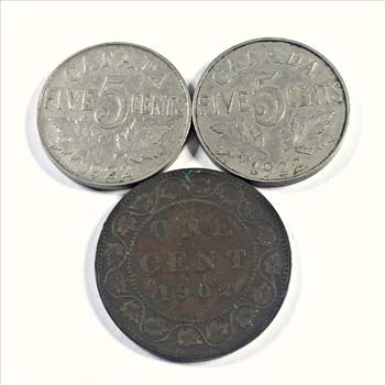 Lot of Three Canadian Coin: 1902 1 Cent, 1922 5 Cents and 1922 5 Cents