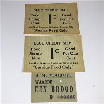 Lot of Three Food Stamp Ration Notes*Two 1c Surplus Food Only & One Een Brood (1 Loaf of Bread-Dutch)