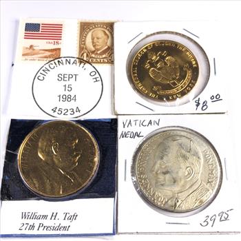 Lot of Three Medallions and Two 1984 Postage Stamps: William Taft, Vatican and Church of St, John the Divine Church Medallions