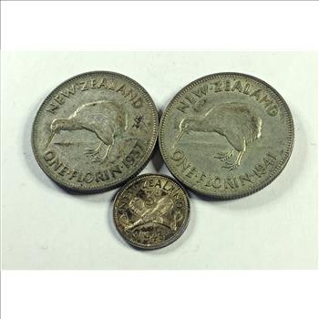 Lot of Three Silver New Zealand Coins: 1937 and 1941 One Florin*1943 Three Pence