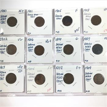 Lot of Twelve (12) Indian Head Cents*1900-1909*Various Grades