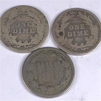 Lot of Two (2) Silver Barber Dimes: 1911, 1903 & 1866 Nickel 3c Piece