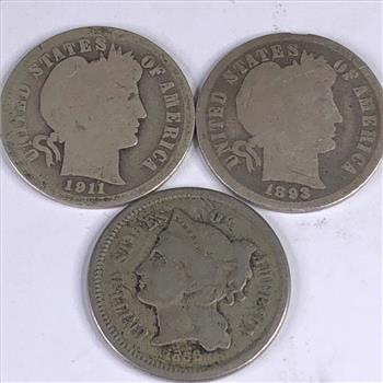 Lot of Two (2) Silver Barber Dimes: 1911, 1903 & 1866 Nickel 3c Piece