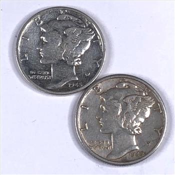 Lot of Two (2) Silver Mercury Head Dimes: 1942-D & 1945