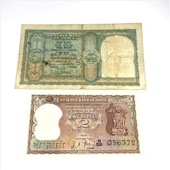 Lot of Two Bank of Indian Bank Notes: 1977-1982 Two Rupees (crisp uncirculated) and 1964 Five Rupees*Circulated
