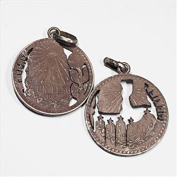 Lot of Two Religious Pendants Carved From Mexican Silver Pesos