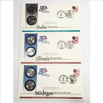 Lot of Uncirculated State Commemorative Quarters on Stamped First Day Covers:LA, MA, RI, MI, WV & More