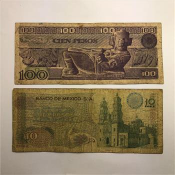 Mexico 10 Pesos and 100 Pesos Banknotes in Protective Sleeve
