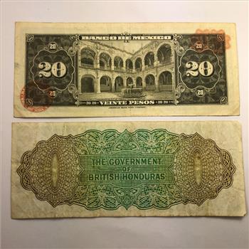 Mexico 20 Pesos and British Honduras $1 Banknotes in Protective Sleeve