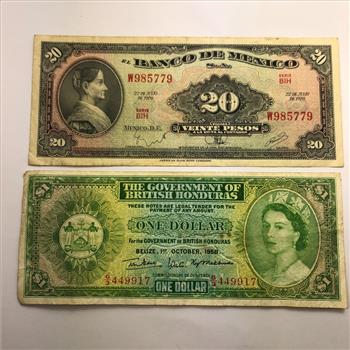 Mexico 20 Pesos and British Honduras $1 Banknotes in Protective Sleeve